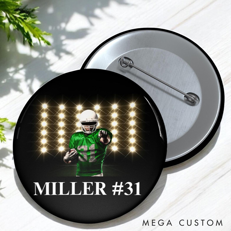 Personalized American Football Design Button Pin with Custom Name and Number for Sport Fans