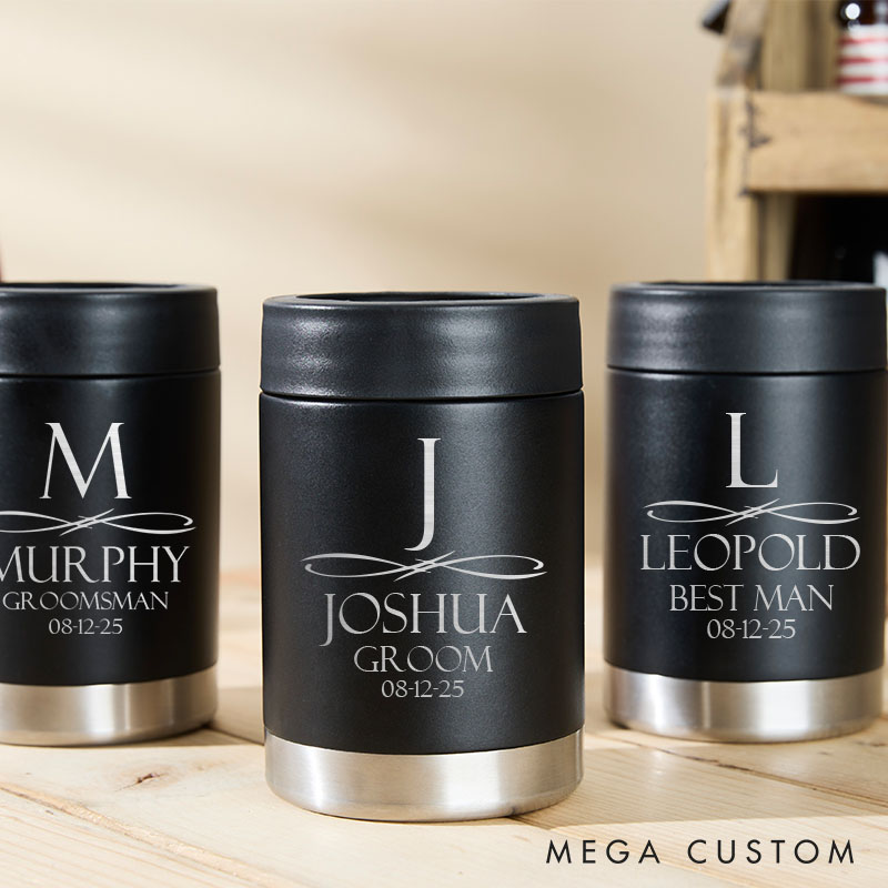 Personalized Initial and Name Wedding Can Cooler Bachelor Party Gifts for Groom Best Man Gift Can Holder Groomsmen Beer Can Cooler