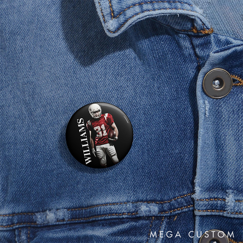 Personalized American Football Design Button Pin with Custom Name and Photo for Sport Fans