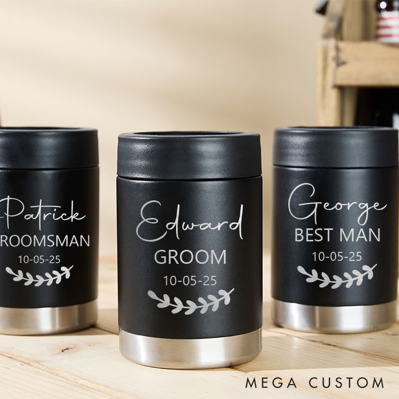 Personalized Groomsmen Can Cooler Elegant Initial and Name Wedding Can Coolers Bachelor Party Favors Can Holder