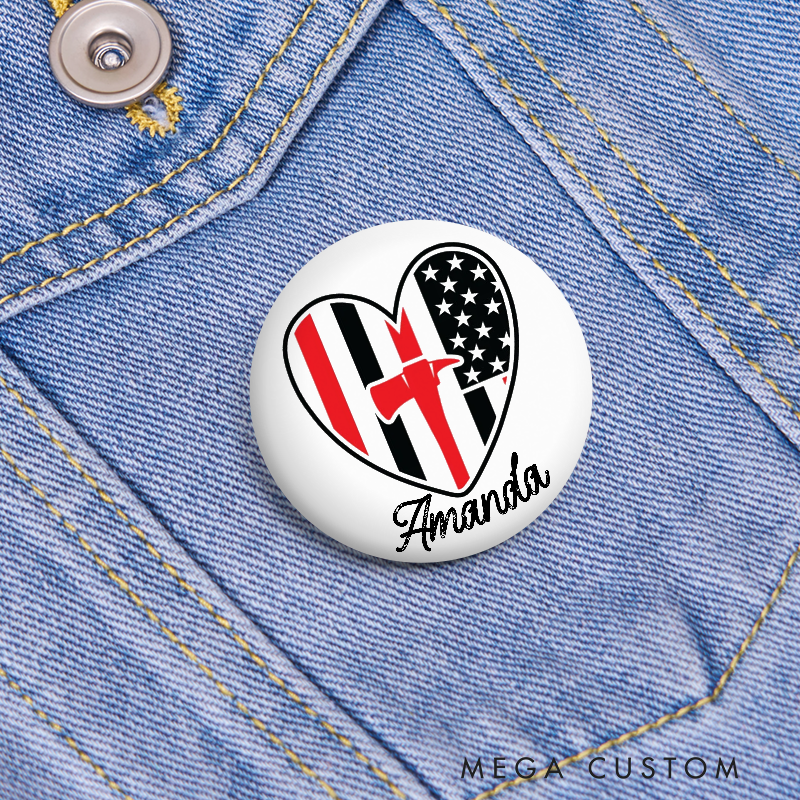 Personalized Firefighter Button Pin with Heart and American Flag Axe Design Appreciation Gift