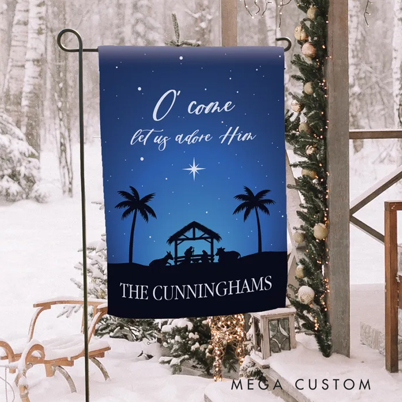 Personalized Come Let Us Adore Him Garden Flag with Text Yard Porch Decor Christmas Religious Gift for Family Christian