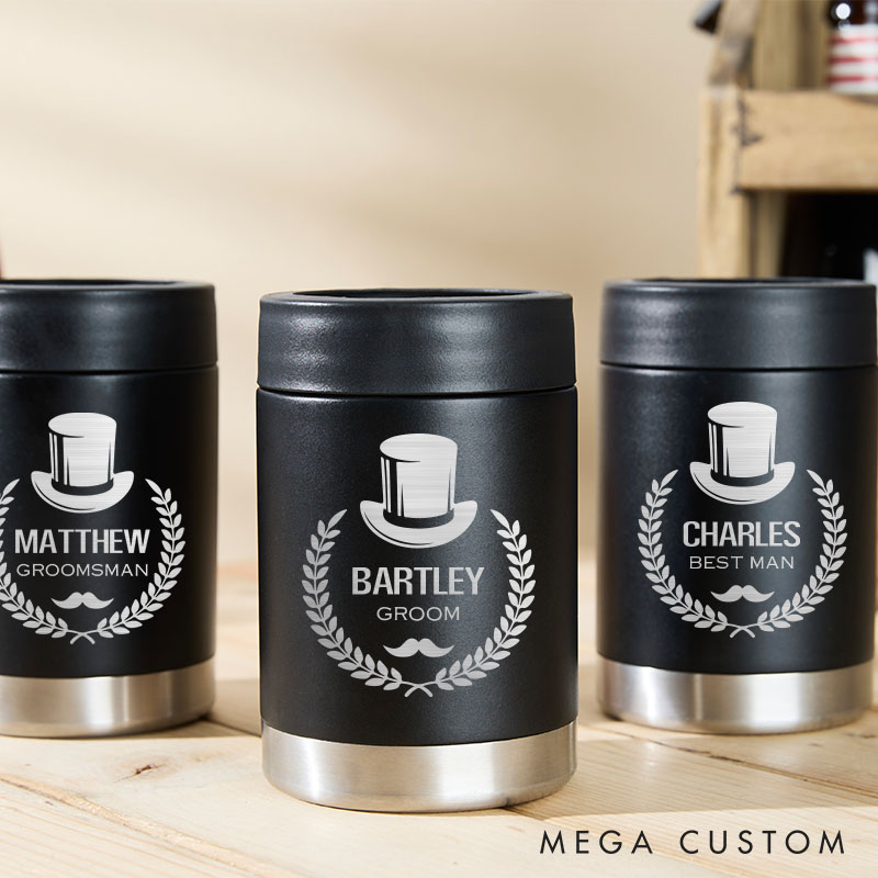 Personalized Groomsmen Can Cooler Engraved Groom Beer Can Holder Wedding Party Can Cooler for Him Men’s Can Cooler