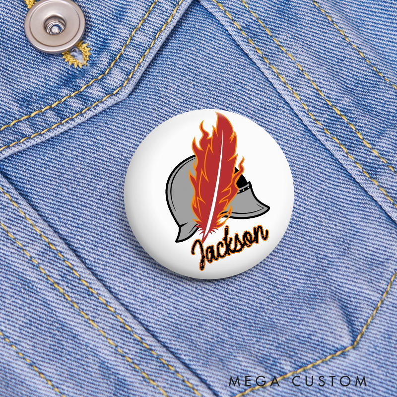 Personalized Firefighter Button Pin Helmet and Flame Feather Design