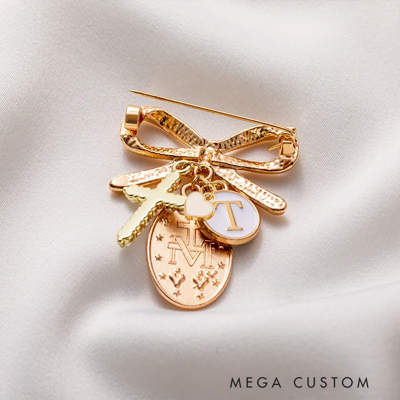 Personalized Virgin Mary Bow Cross Brooch Pin with Initial Christian Baptism Gift for Women Christians Gift Catholic Gift