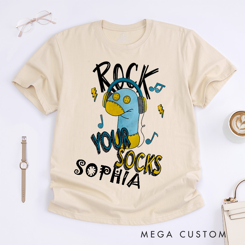Personalized Rock Your Socks Classic T-Shirts Unisex Fun Music Lover Custom Gift Down Syndrome Slogan for Birthday Friends Family Teens Men Women