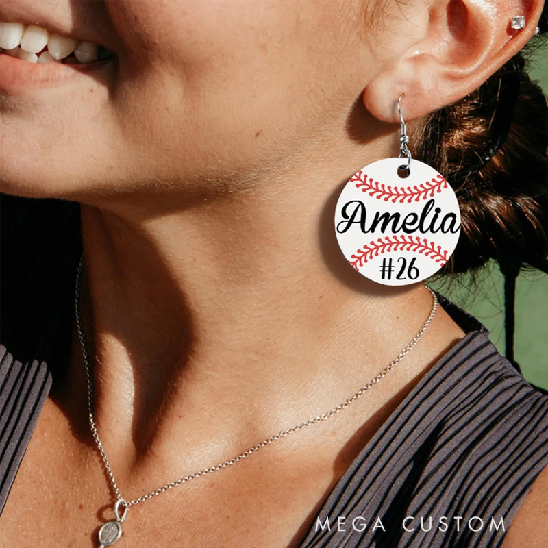 Personalized Round Baseball Softball Wooden Earrings with Name and Number Birthday Anniversary Gift for Sports Lover