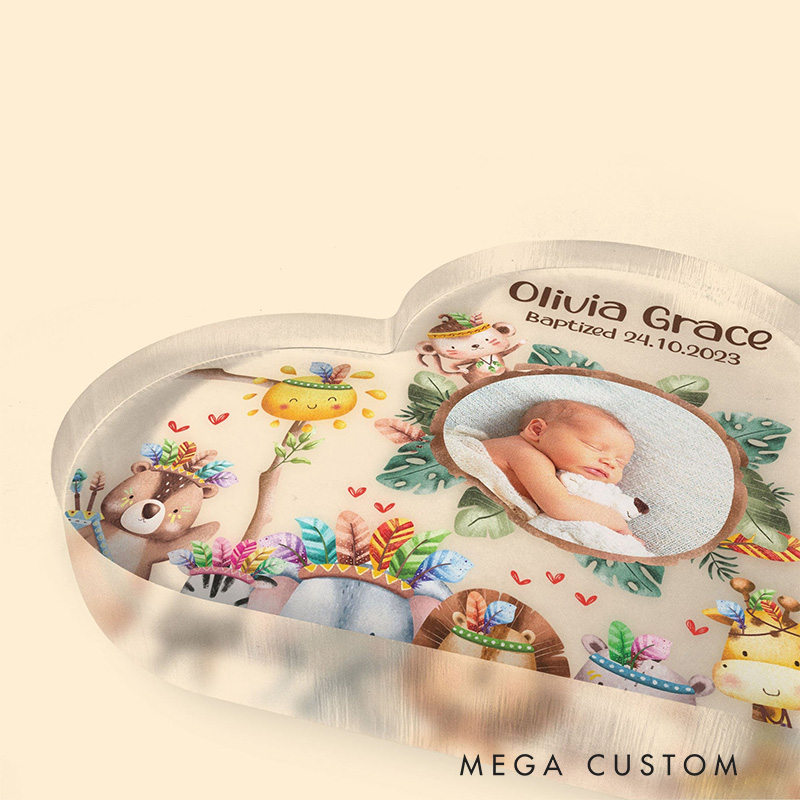 Personalized Cartoon Animals Heart Acrylic Plaque with Name and Text Desk Decor Religious Gift Baptism Gift