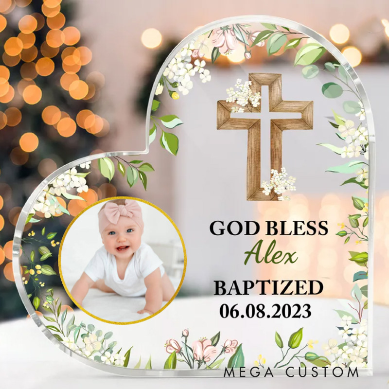 Personalized Cross with Leaves Heart Acrylic Plaque with Name and Text Desk Decor Religious Gift Baptism Gift for Boys