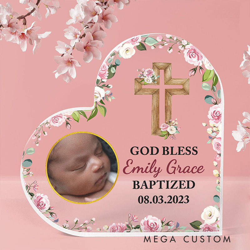 Personalized Cross with Floral Heart Acrylic Plaque with Name and Text Desk Decor Religious Gift Baptism Gift for Girls