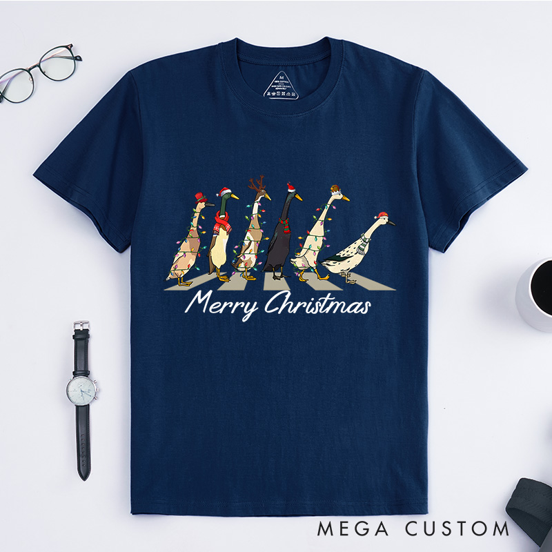 Personalized Geese Walking with Christmas Lights and Hats Christmas T-Shirt