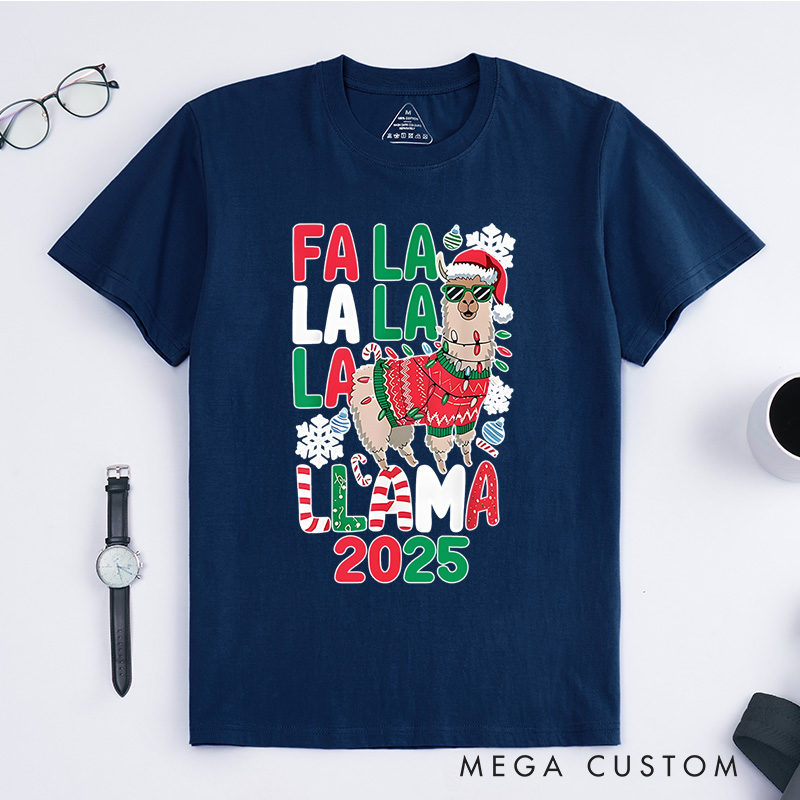 Personalized Fa La La Llama with Santa Hat and Scarf Christmas T-Shirt