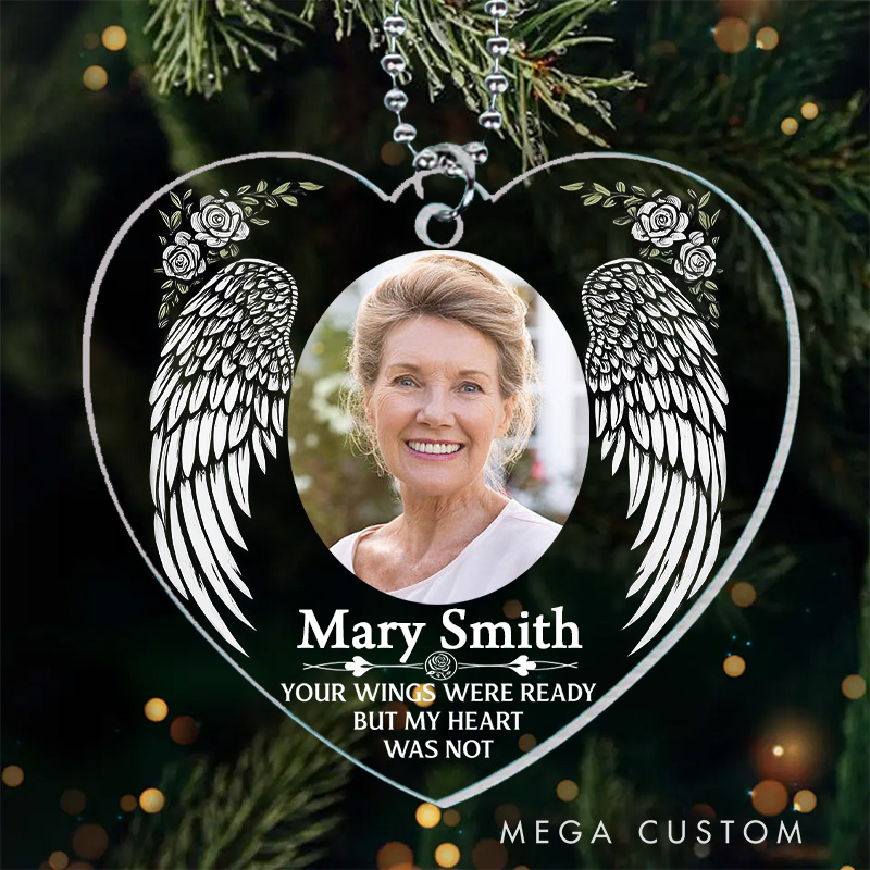Personalized Heart Shaped Memorial Ornament With Angel Wings Rose Accents Custom Photo Name Your Wings Were Ready Keepsake
