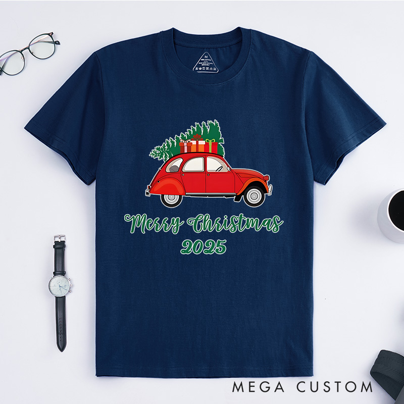 Personalized Red Car Carrying Christmas Tree with Merry Christmas Text Christmas T-Shirt