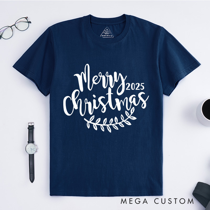 Personalized Merry Christmas Leaf Accent Christmas T-Shirt