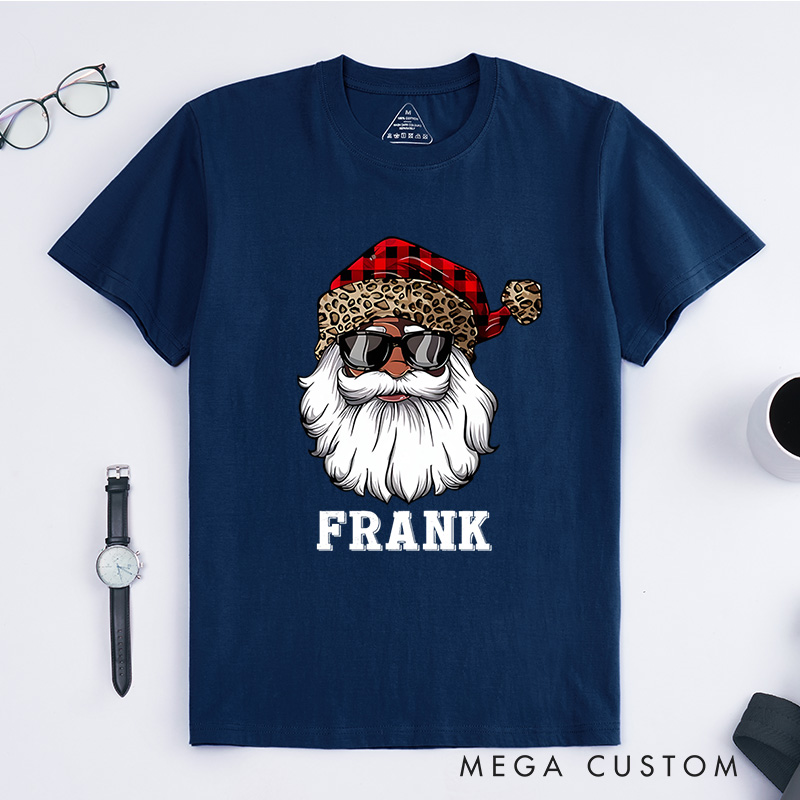 Personalized Santa with Plaid and Leopard Print Hat Christmas T-Shirt