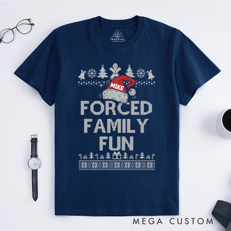 Personalized Forced Family Fun with Santa Hat and Holiday Patterns Christmas T-Shirt