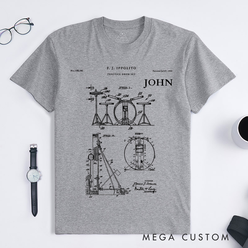 Personalized Drum Set Patent Blueprint Classic T-Shirts Unique Musician Gift for Drummers Custom Name Music Lover Unisex Perfect for Birthday