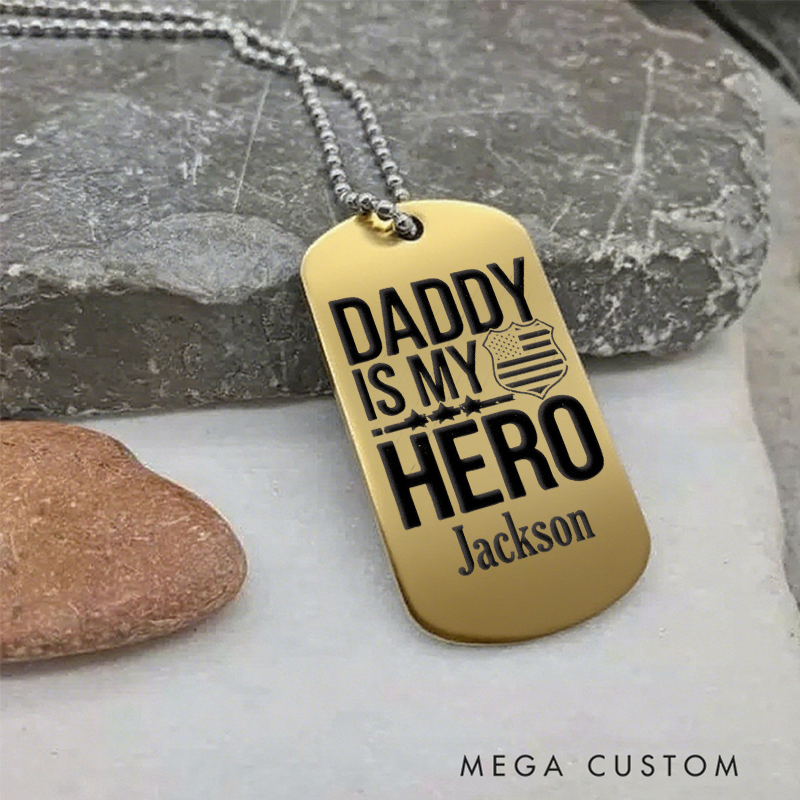 Personalized Daddy Is My Hero Police Dog Tag Necklace Custom Gift for Fathers in Law Enforcement