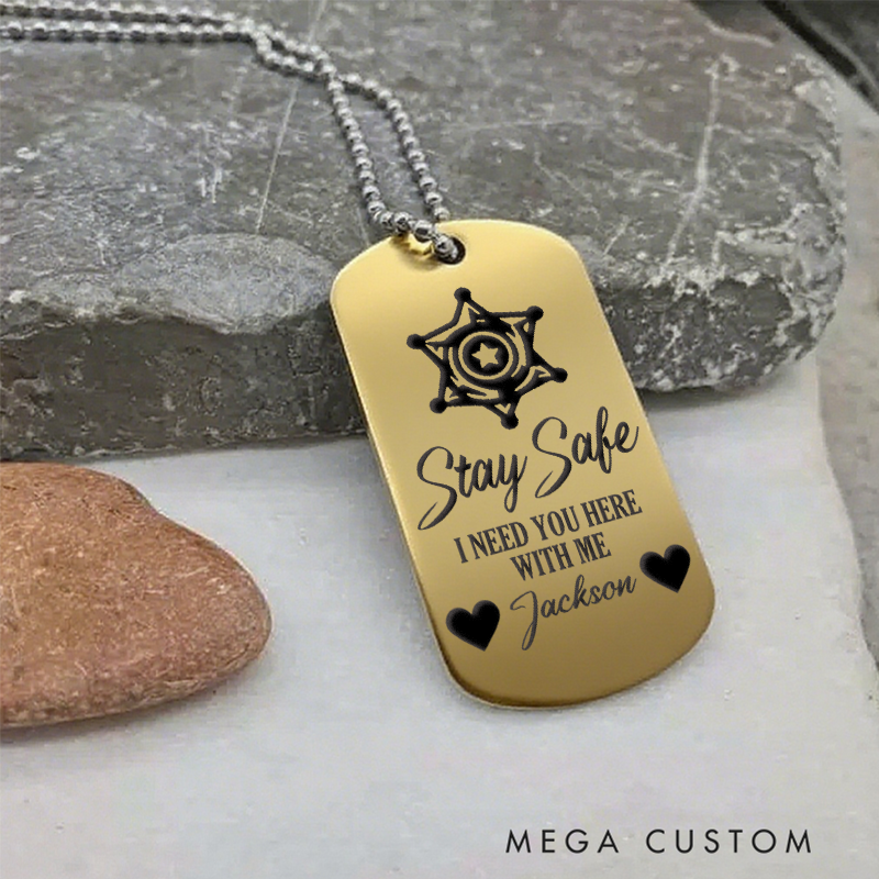 Personalized Stay Safe Sheriff Badge Dog Tag Necklace Custom Gift for Law Enforcement