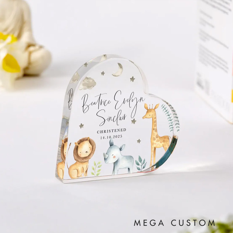Personalized Cartoon Animals Heart Acrylic Plaque with Name and Date Desk Decor Religious Gift Christening Gift