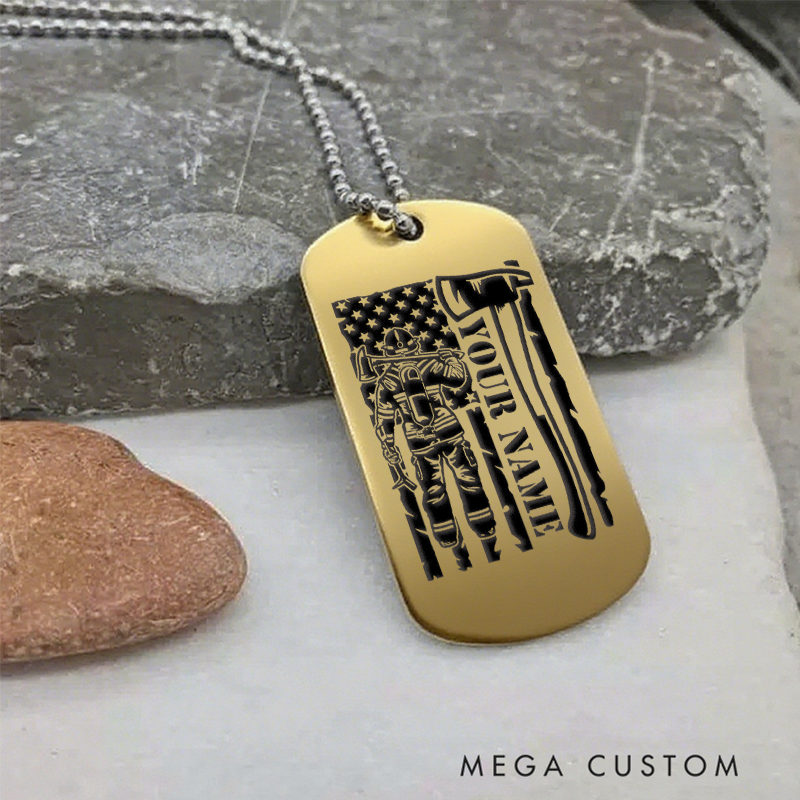 Personalized Firefighter Dog Tag Necklace Custom Gift with Axe and Flag Design