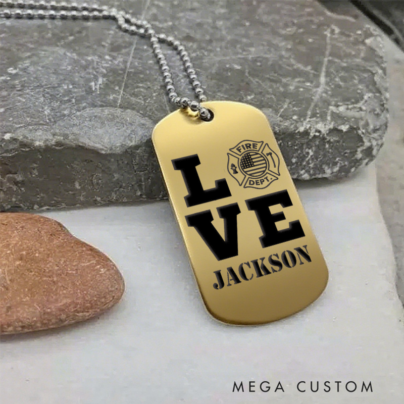 Personalized Firefighter Dog Tag Necklace with LOVE Design Gift for Firefighter