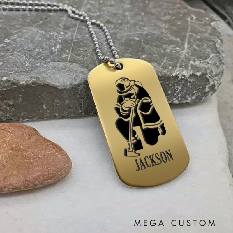 Personalized Firefighter Dog Tag Necklace with Kneeling Firefighter Design Firefighter