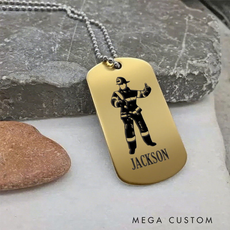 Personalized Firefighter Dog Tag Necklace with Firefighter Figure Design Firefighter