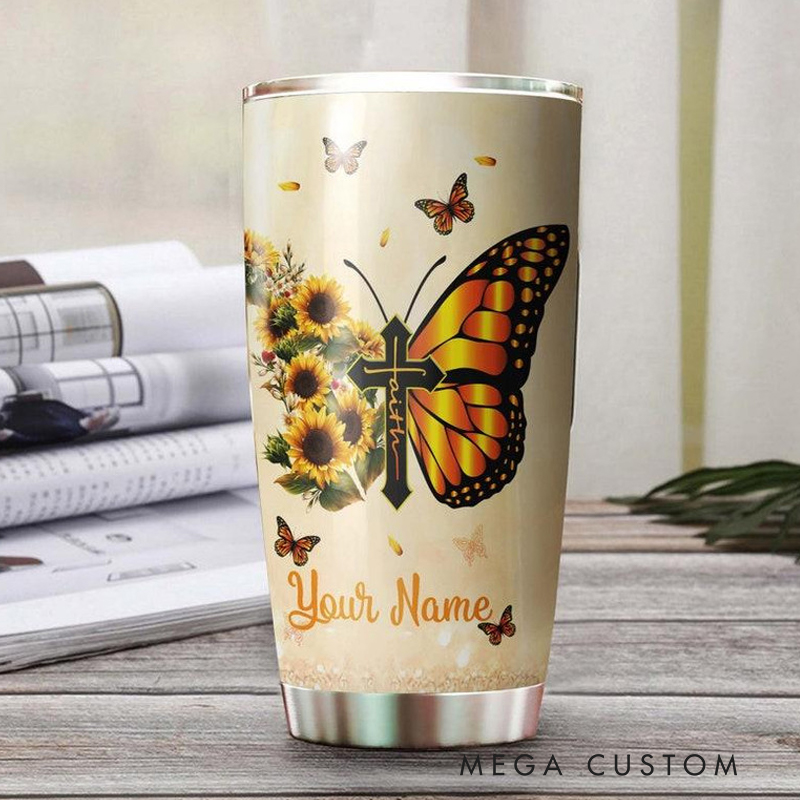 Personalized Sunflower Faith Cross My God Way Maker 20oz Stainless Steel Tumbler with Name Christmas Gift