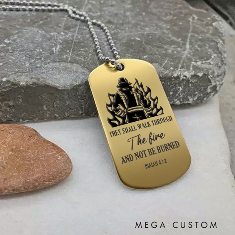 Personalized Firefighter Dog Tag Necklace with Isaiah Bible Verse Design Firefighter
