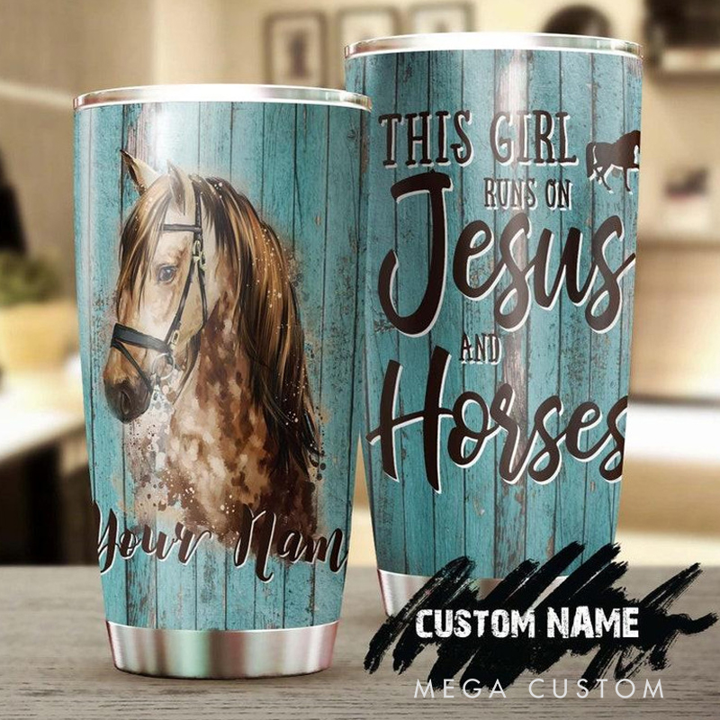 Personalized This Girl Runs On Jesus and Horses 20oz Stainless Steel Tumbler with Name Christmas Gift
