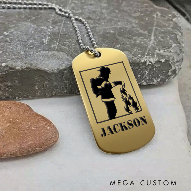 Personalized Firefighter Dog Tag Necklace with Fire Extinguishing Design Firefighter