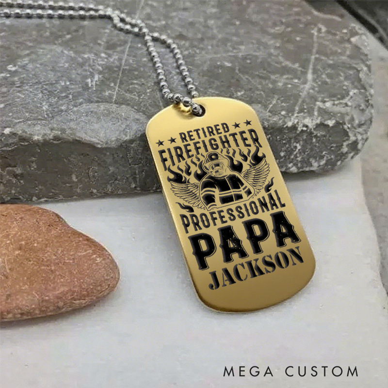 Personalized Retired Firefighter Dog Tag Necklace with Professional Papa Design