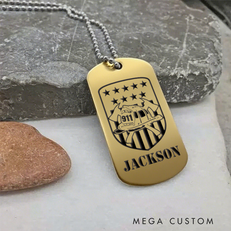 Personalized Firefighter Dog Tag Necklace with 911 Fire Truck and Stars Design
