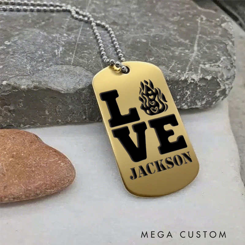 Personalized Firefighter Dog Tag Necklace with LOVE Firefighter Design