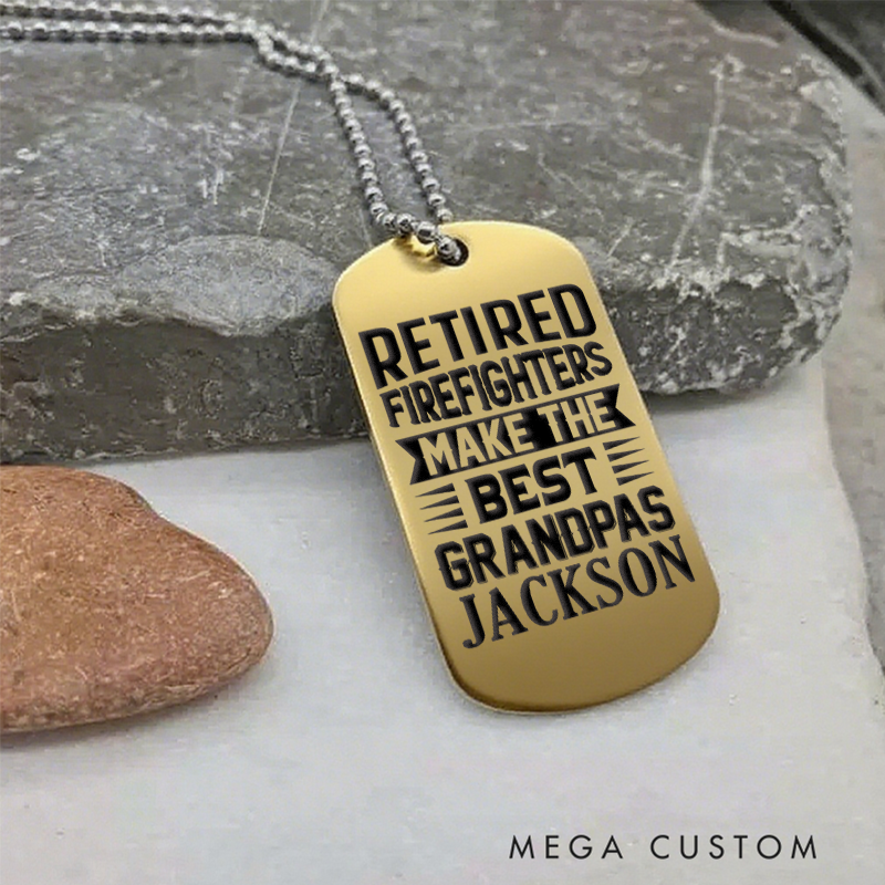 Personalized Stainless Steel Retired Firefighter Dog Tag Necklace with Best Grandpas Design