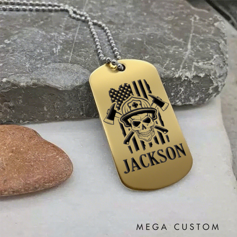 Personalized Firefighter Dog Tag Necklace with Skull and Axes Design