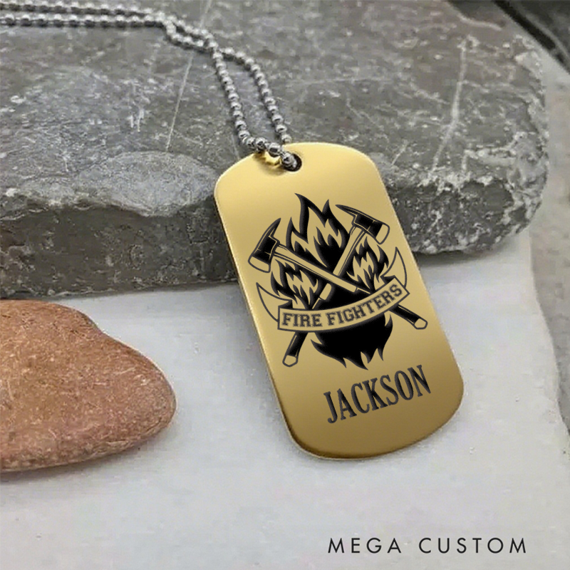 Personalized Firefighter Dog Tag Necklace with Firefighters and Axes Design