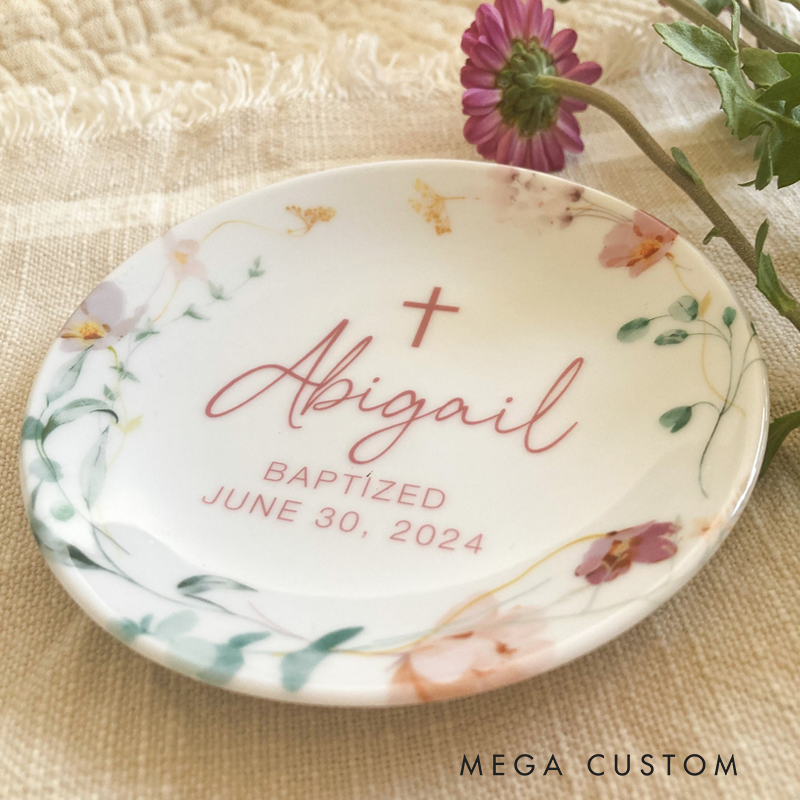 Personalized Floral Cross Ring Dish Jewelry Tray with Name and Text Christening Baptism Gift for Girls