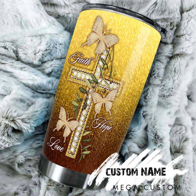Personalized Faith Butterfly Faith Hope Love Gold Glitter 20oz Stainless Steel Tumbler with Name Religious Gift for Women