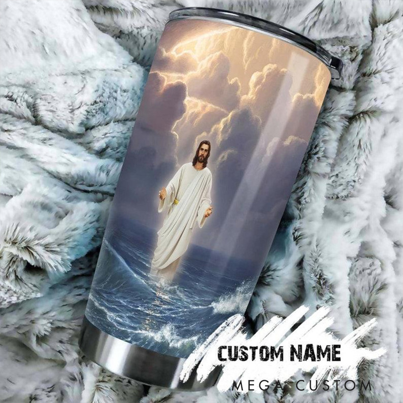 Personalized Jesus Walking on Water 20oz Stainless Steel Tumbler with Name Religious Gift for Men