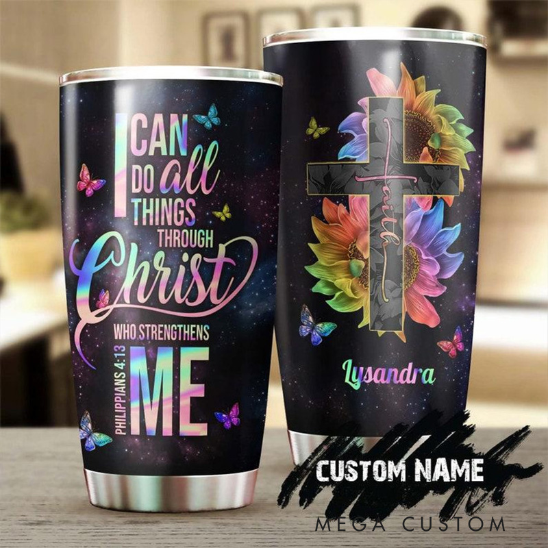 Personalized Jesus Sunflower 20oz Stainless Steel Tumbler with Name Religious Gift for Women