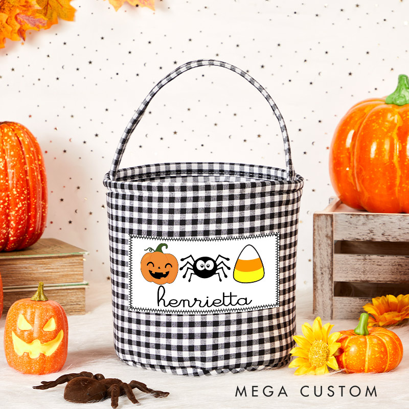 Personalized Halloween Treat Basket Pumpkin  Spider and Candy Corn Design Basket Halloween Gift