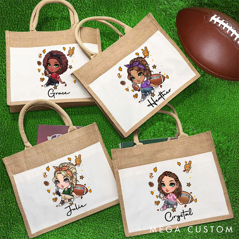 Personalized American Football Cartoon Girl Large Jute Tote Bag with Custom Name Travel Essentials Birthday Gift for Women