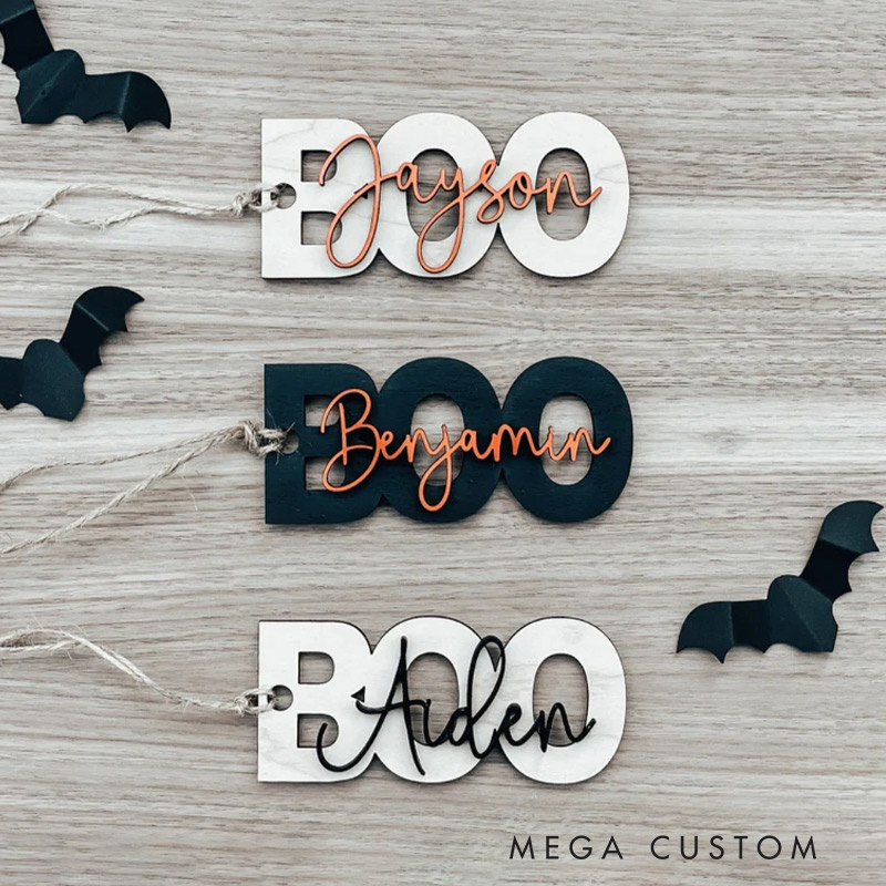 Personalized BOO Halloween Name Tag Wooden Trick or Treat Bag Tag Halloween Decor