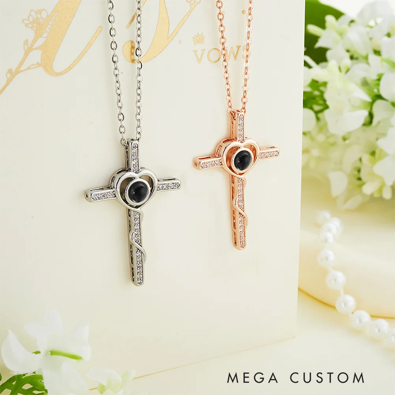Personalized Photo Projection Cross Heart Necklace I Love You in 100 Languages Anniversary Birthday Gift for Women