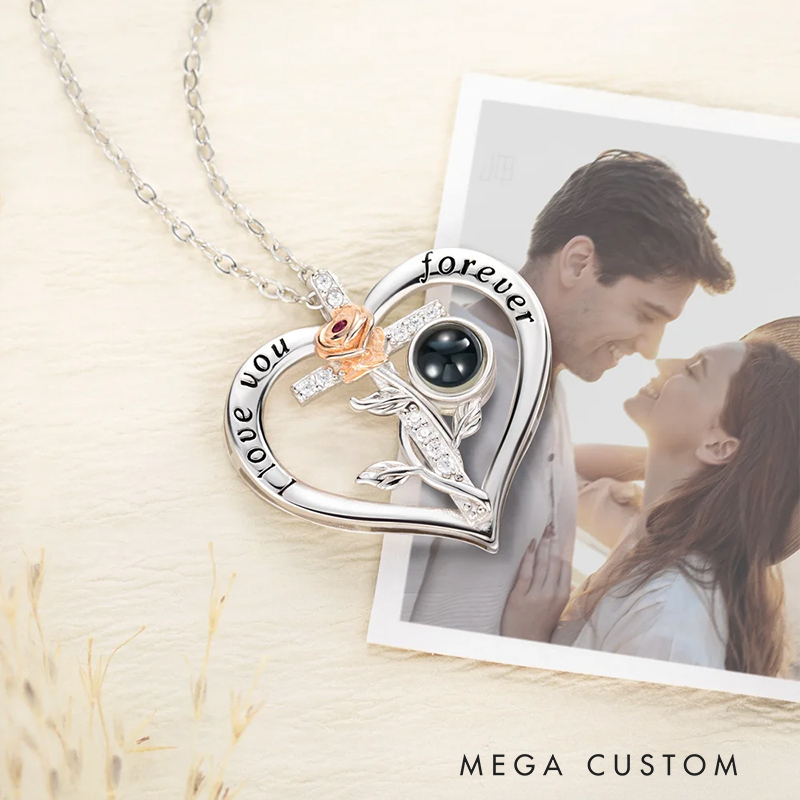 Personalized Rose Cross Heart-shaped Micro-Carved Photo Projection Necklace Birthday Anniversary Gift for Woman
