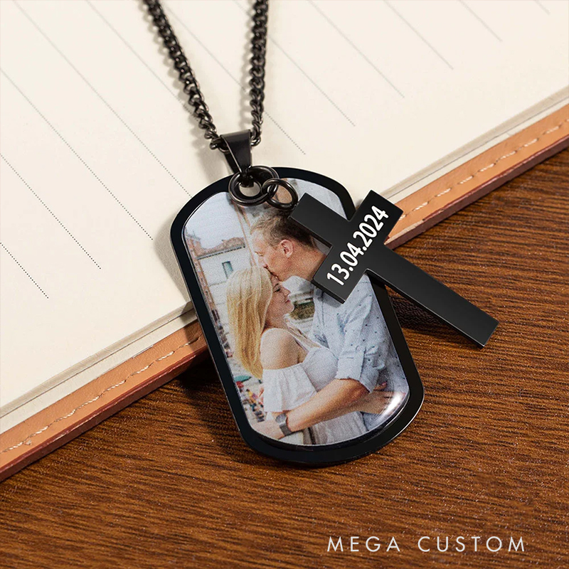 Personalized Photo Cross Dog Tag Necklace with Engraved Text Father's Day Gift Anniversary Gift Birthday Gift for Men Christian Gift