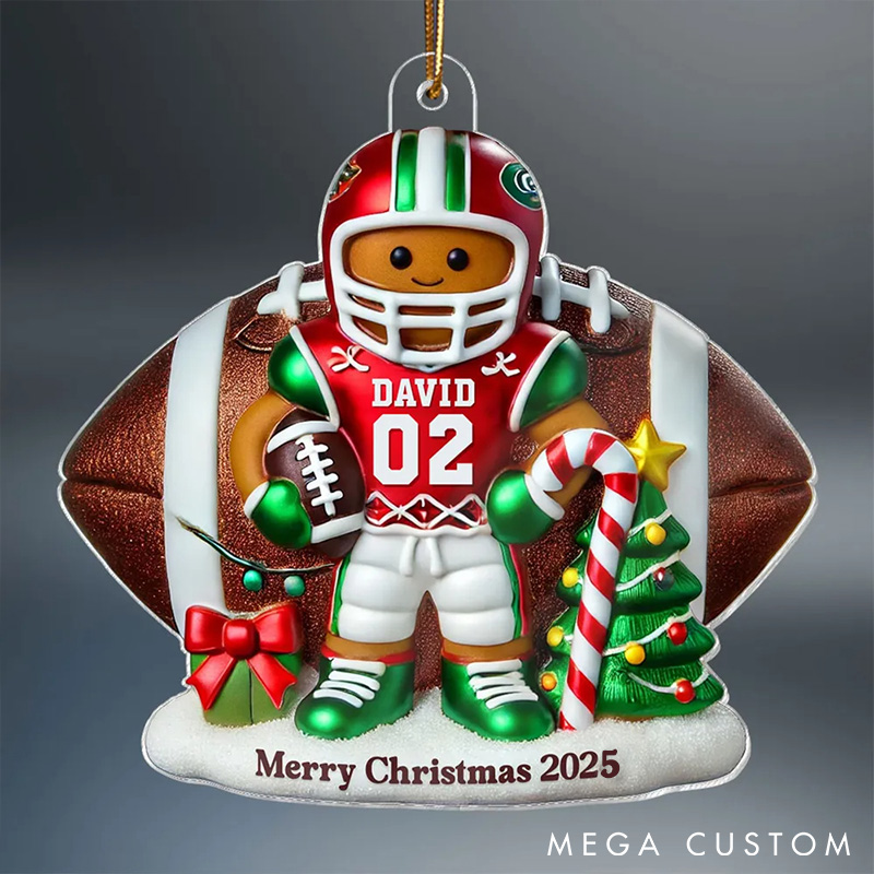 Personalized American Football Gingerbread Figure Acrylic Ornament with Custom Player Name and Number for Football Player 